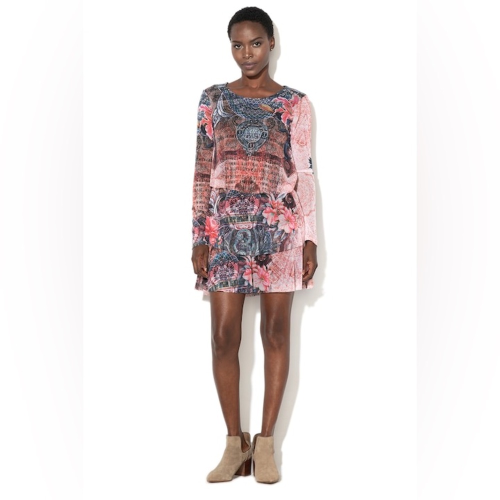 Desigual One Moment Long-Sleeve Tiered Mini Dress - Pink Floral